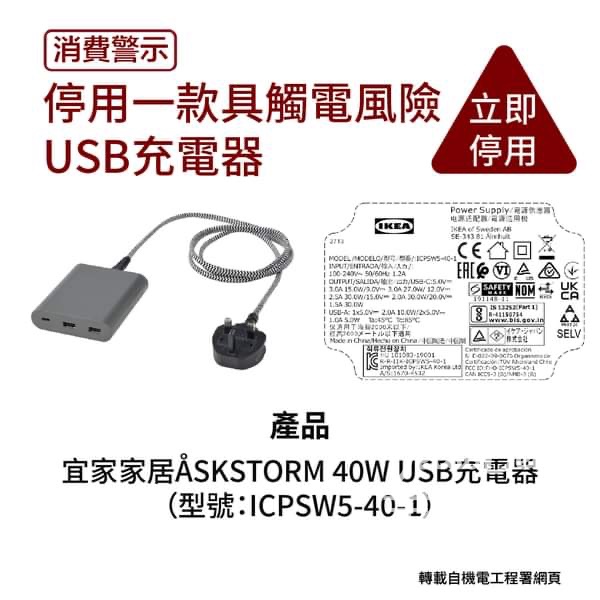 機電署呼籲市民停用一款宜家家居ÅSKSTORM 40W USB充電器 - Jetso Bear