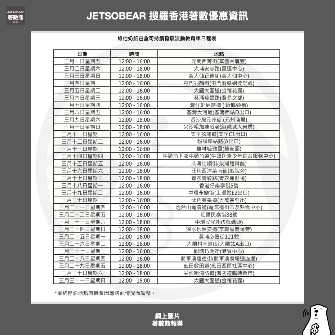 維他奶紙包盒流動教育車 3月日程表 回收送禮物 - Jetso Bear