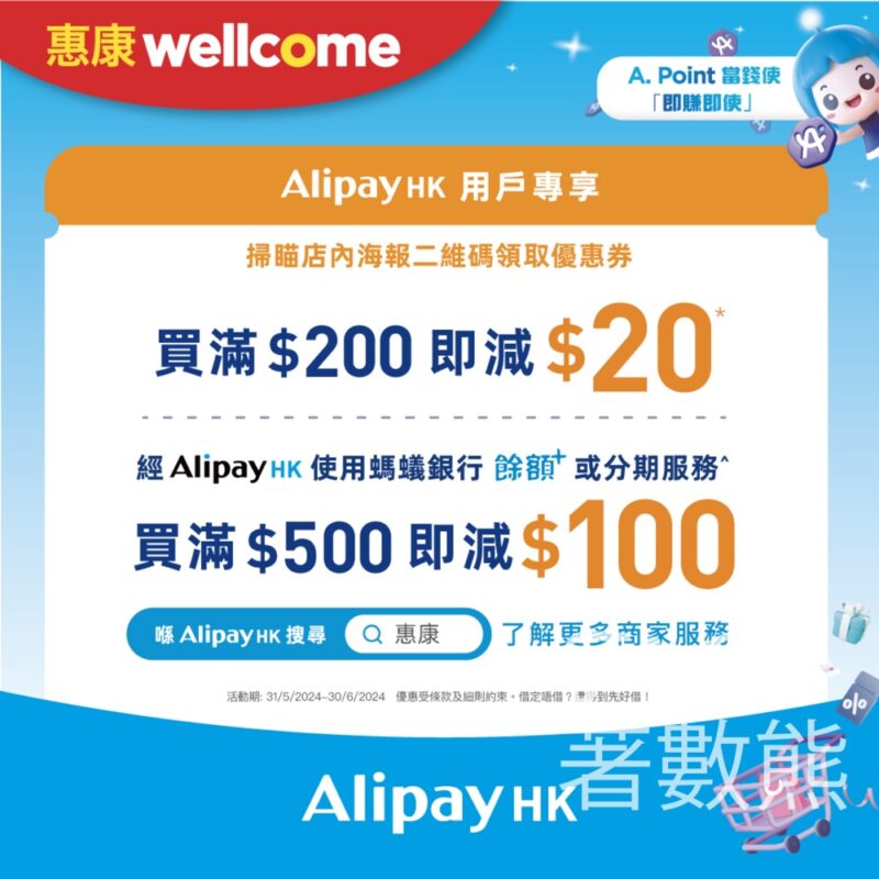 惠康 AlipayHK用戶專享獨家優惠 買滿$200即減$20 - Jetso Bear