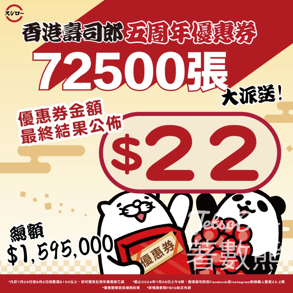 Sushiro 壽司郎 免費派發 72,500張$22優惠券 - Jetso Bear