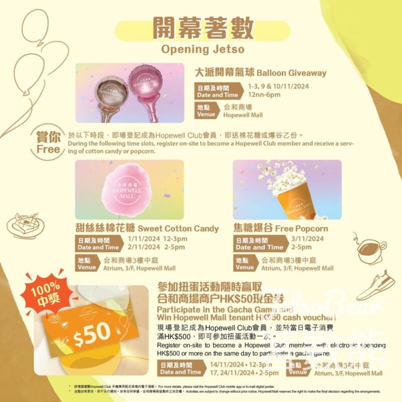 合和商場開幕狂歡 免費派發 氣球、棉花糖、爆谷 - Jetso Bear