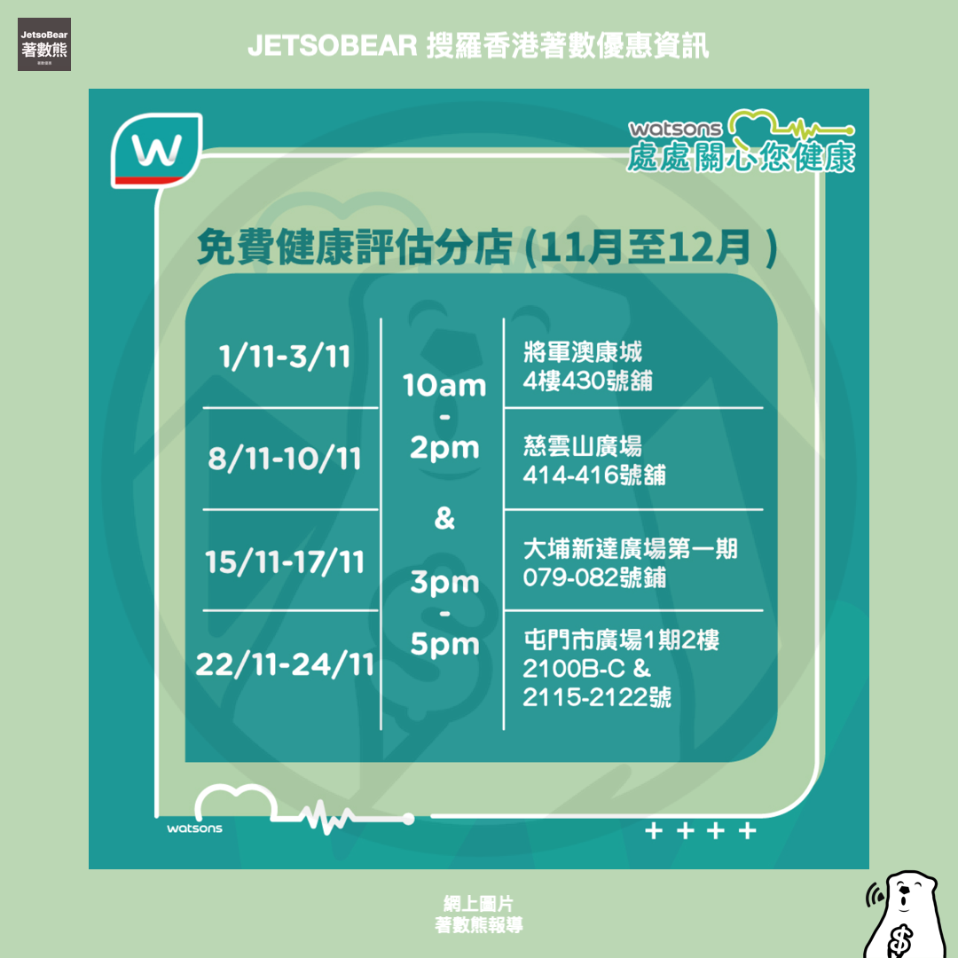 屈臣氏 11-12月免費專業健康評估 送獨家禮物 - Jetso Bear