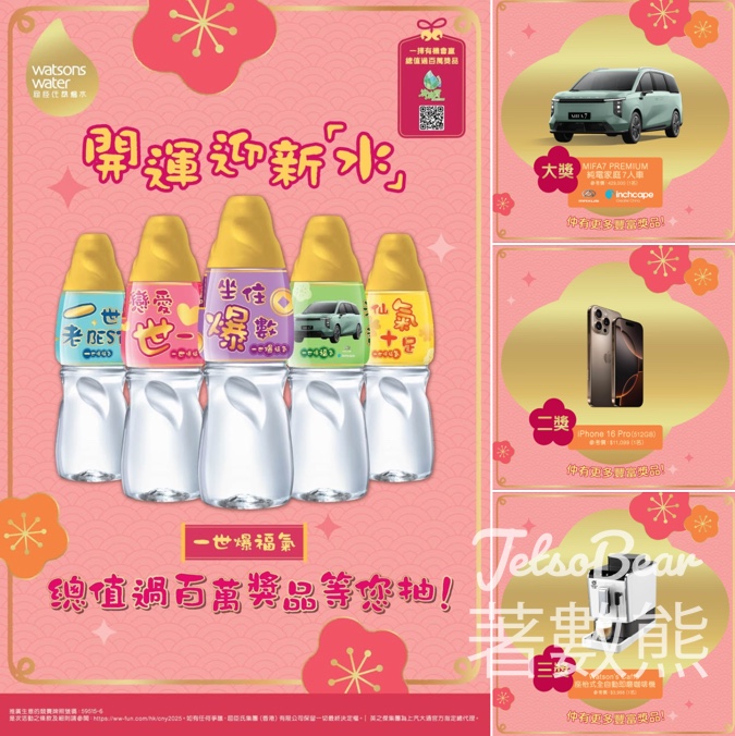 買屈臣氏蒸餾水產品 贏取總值過百萬大獎 - Jetso Bear