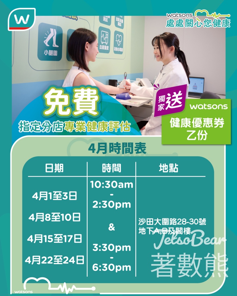 屈臣氏全新免費健康評估 送健康優惠券 - Jetso Bear