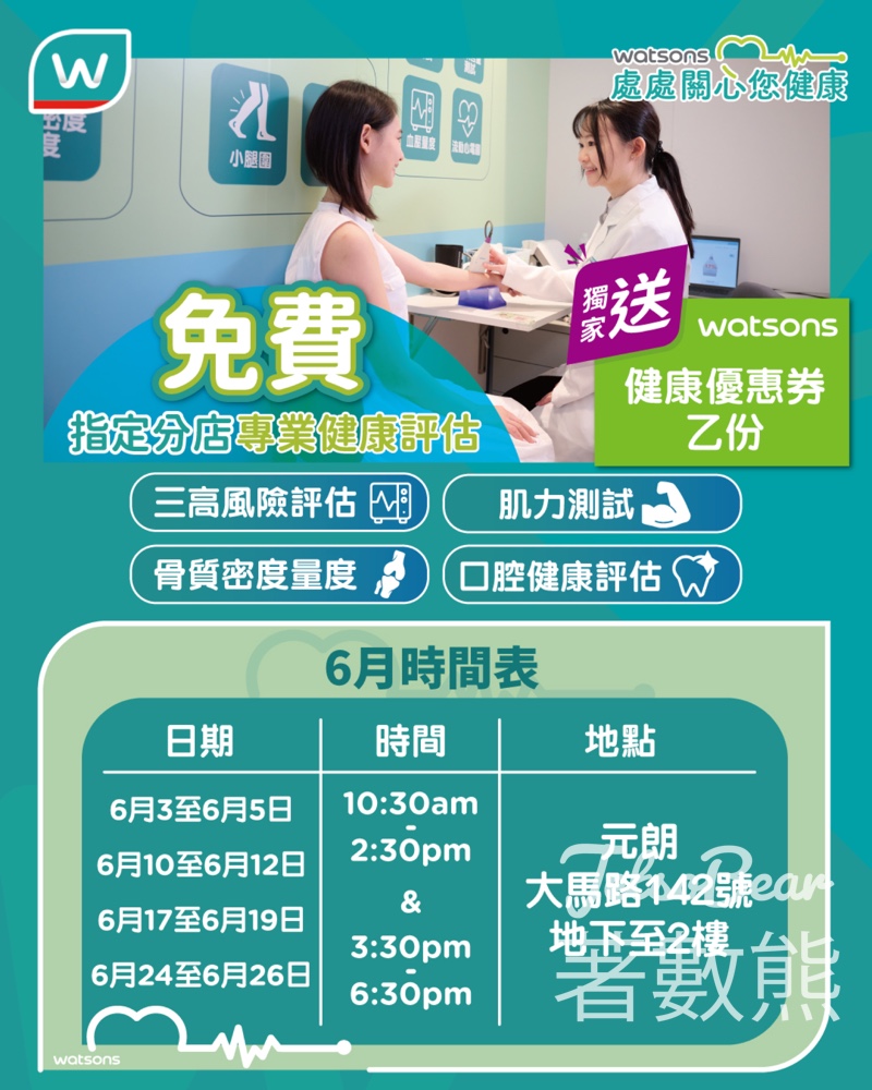 屈臣氏免費健康評估 6月時間表 送健康優惠券 - Jetso Bear