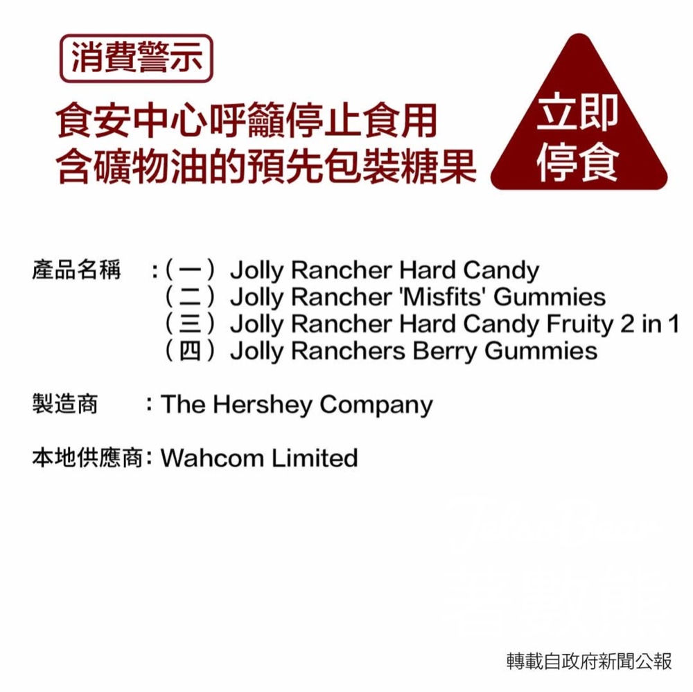 【消費警示】停止食用含礦物油的Jolly Ranchers預先包裝糖果 - Jetso Bear