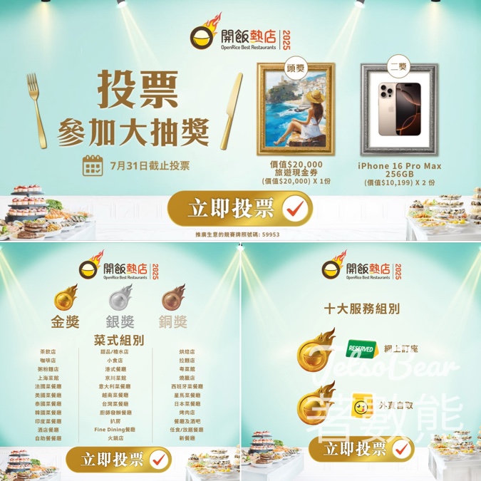 投票OpenRice開飯熱店2025 贏取總值超過HK$100,000豐富禮品 - Jetso Bear