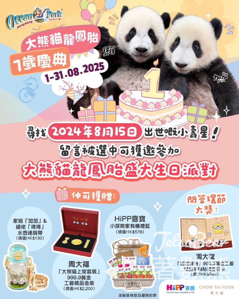 香港海洋公園 #有獎遊戲 送大熊貓龍鳳胎盛大生日派對名額 - Jetso Bear