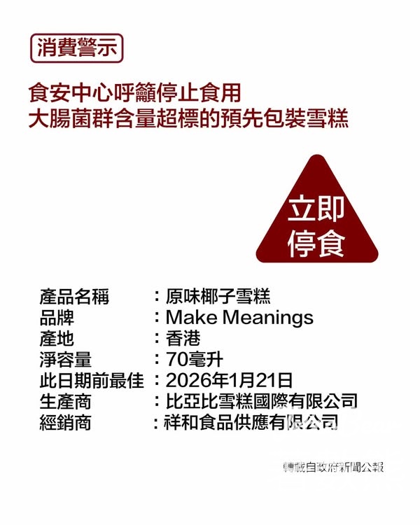 食安中心呼籲市民不要食用大腸菌群含量超出法例上限的預先包裝雪糕 - Jetso Bear