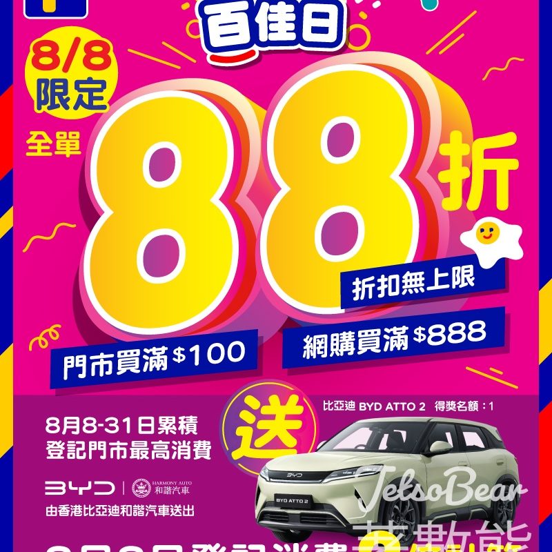 8月8日百佳日 全單88折 - Jetso Bear