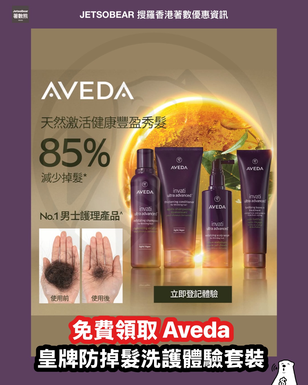 免費領取 Aveda 皇牌防掉髮洗護體驗套裝 - Jetso Bear