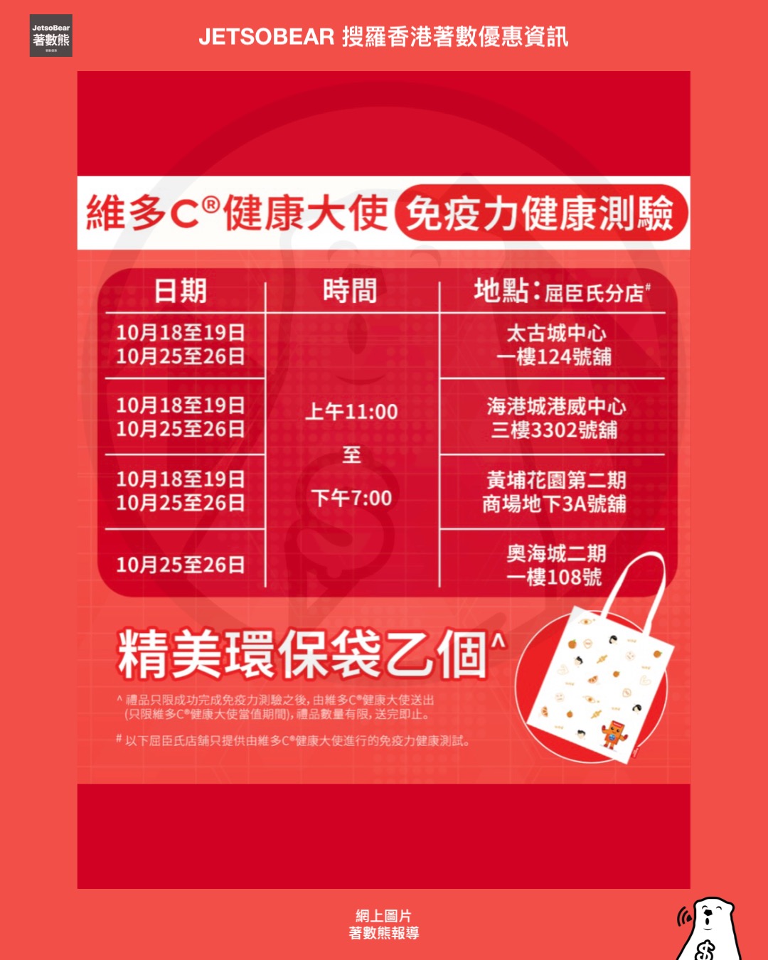 維多C® x 屈臣氏 免費健康評估 送HK$50 COVA 現金券、精美環保袋 - Jetso Bear