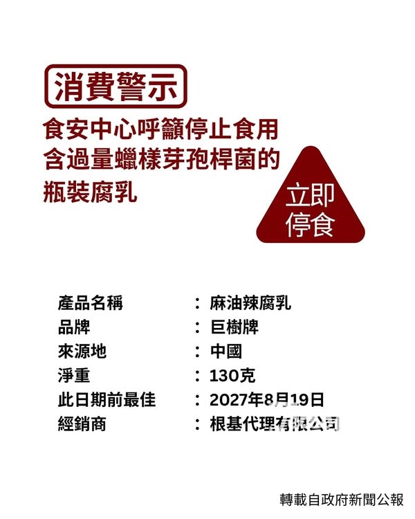 消費警示 停止食用含過量蠟樣芽孢桿菌的巨樹牌瓶裝腐乳 - Jetso Bear