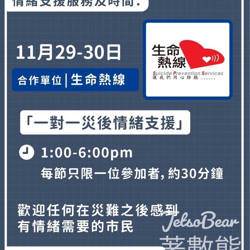 南豐紗廠世界之約 x 生命熱線 一對一災後情緒支援 - Jetso Bear
