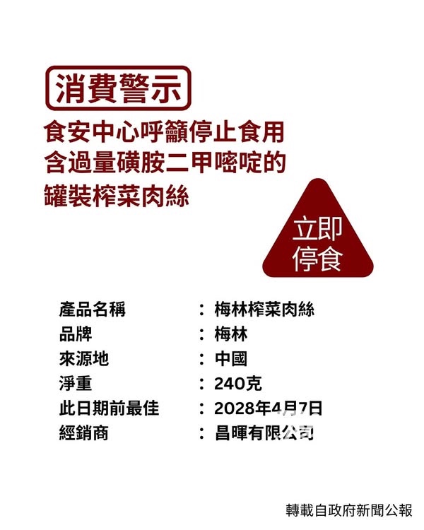 消費警示停止食用可能含過量磺胺二甲嘧啶的梅林榨菜肉絲 - Jetso Bear