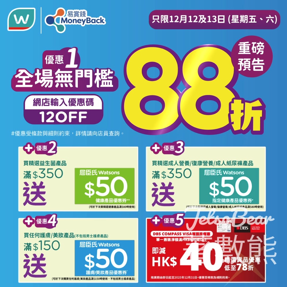 屈臣氏全場無門檻88折 送高達$150優惠券 - Jetso Bear