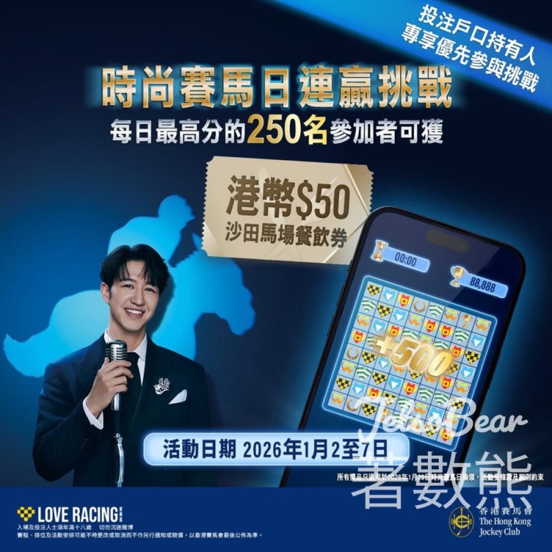 香港賽馬會時尚賽馬日連贏挑戰贏取「時尚賽馬日」港幣$50沙田馬場餐飲券 - Jetso Bear