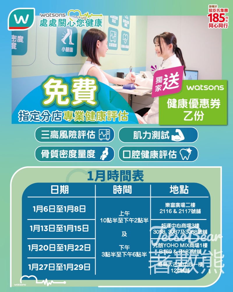 屈臣氏免費健康評估 1月時間表 送獨家健康優惠券 - Jetso Bear
