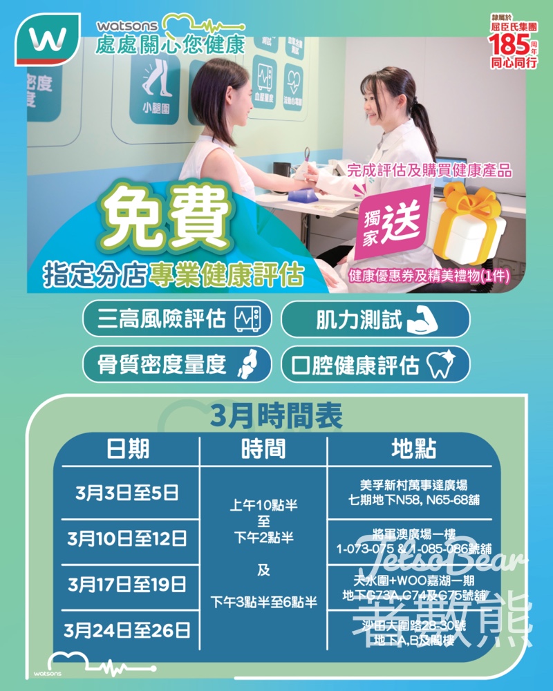 屈臣氏免費健康評估送健康優惠券及精美禮品 - Jetso Bear