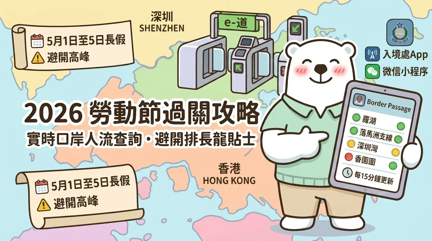 2026 勞動節香港過關攻略插畫，由 Jetso Bear 展示實時口岸人流查詢工具（如入境處 App 及微信小程序），背景包含 e-道閘機、深港地圖，並提醒旅客避開高峰期。