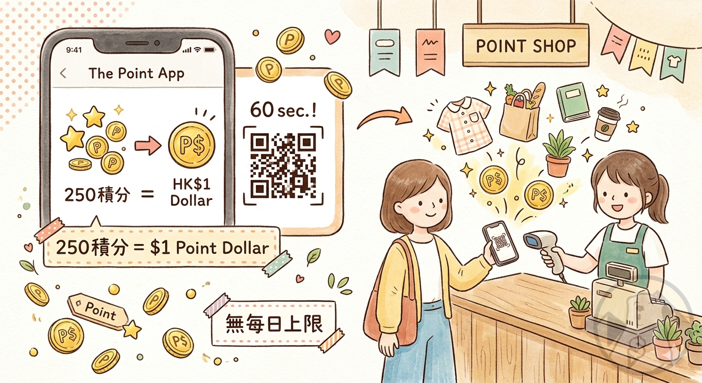 Point Dollar 兌換比例與教學：250積分=HK$1，60秒QR Code