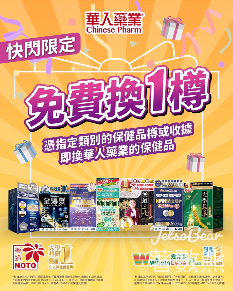 【華人藥業新會員】免費換領保健品一件價值高達$1,000｜憑保健品樽或收據即換｜期間限定 - Jetso Bear