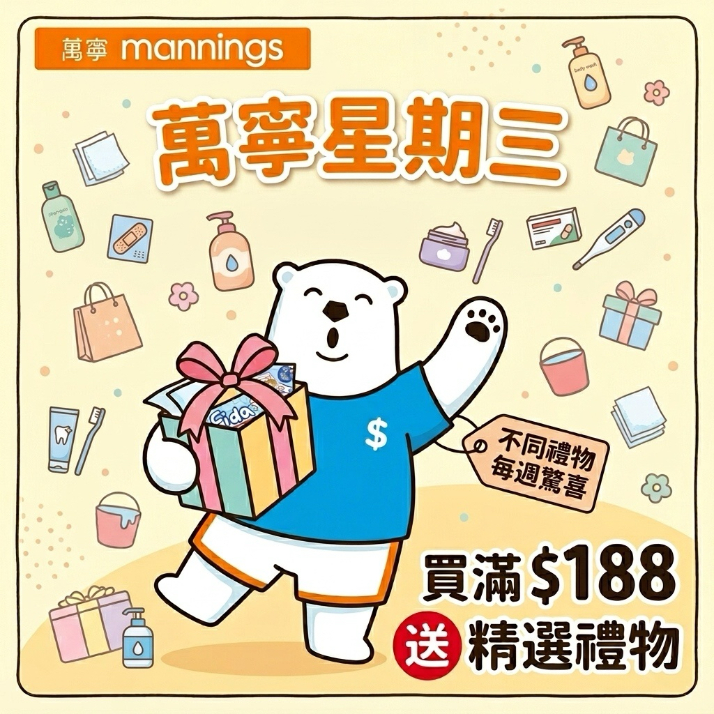 萬寧星期三優惠 - 買滿$188即送精選禮物 - Jetso Bear 著數熊