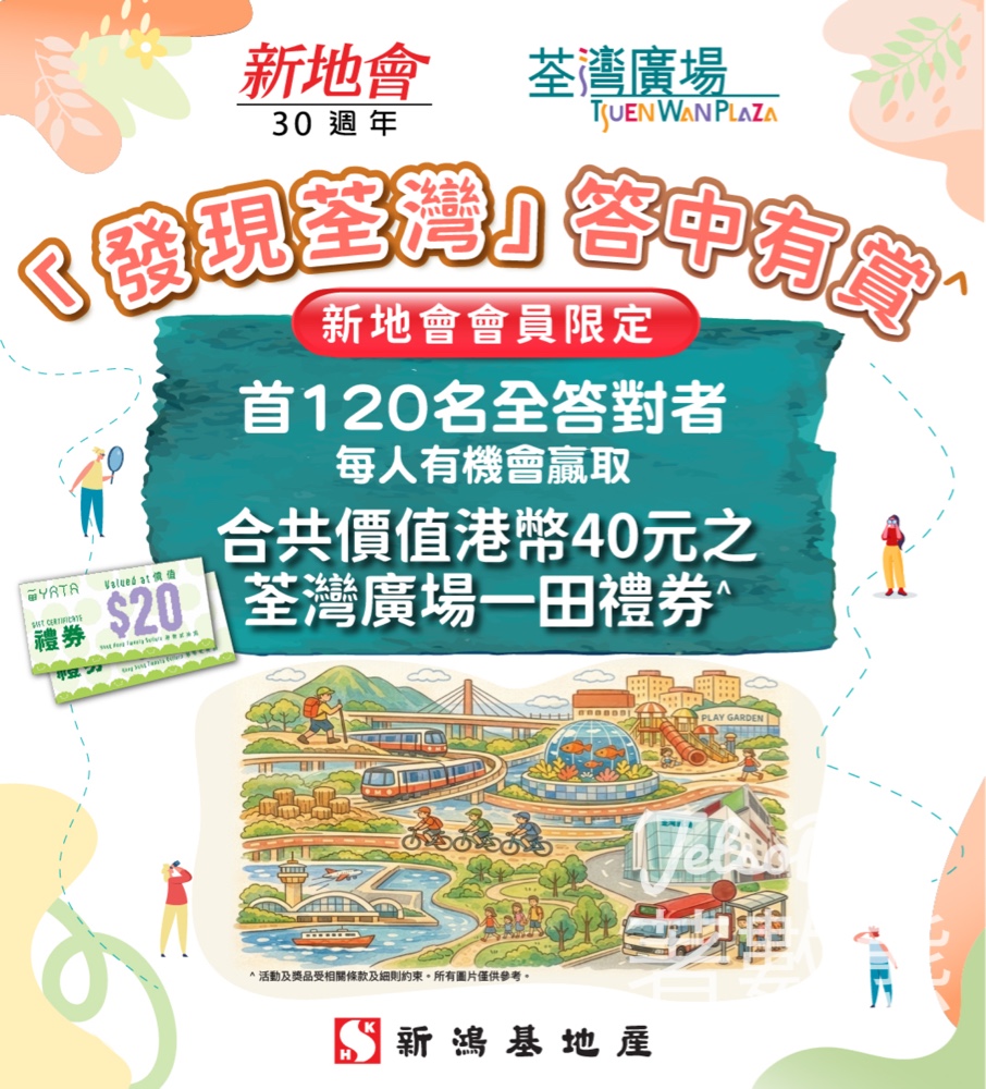 【新地會有獎遊戲】答中3題贏$40荃灣廣場一田禮券|發現荃灣挑戰|限首120位 - Jetso Bear 新地會 發現荃灣 答中有賞 贏$40荃灣廣場一田禮券 會員限定