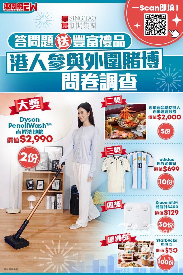 【星島送禮】答問卷贏Dyson洗地機/麗晶自助餐/adidas波衫｜設計遠離外圍賭博口號｜4月29日截止 - Jetso Bear
