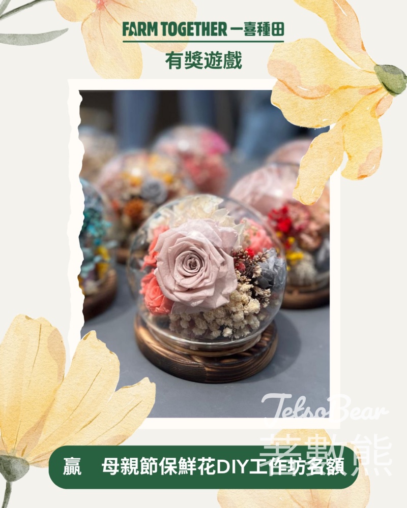 【一喜種田有獎遊戲】留言贏母親節保鮮花DIY工作坊名額|親子製作保鮮花|至4.19 - Jetso Bear 一喜種田 母親節保鮮花DIY工作坊 有獎遊戲 留言贏名額