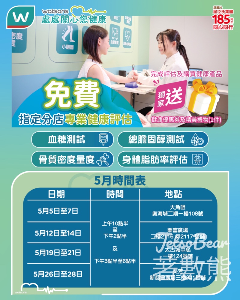 【免費健康評估】屈臣氏5月時間表出爐｜血糖膽固醇骨質密度檢測｜完成即送禮品+88折 - Jetso Bear