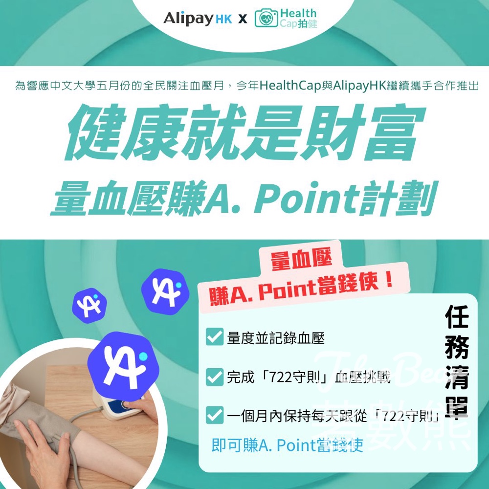【AlipayHK免費賺錢】HealthCap量血壓賺A.Point計劃！每日任務輕鬆儲分 完結再乘2倍（附規則時間表） - Jetso Bear