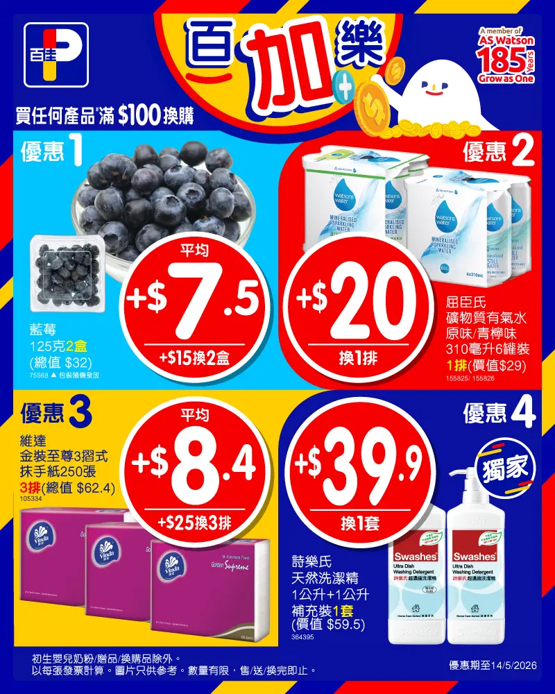 【5/11更新】百佳優惠2026|原箱紙巾$71、鈣思寶$3.2包、易賞價低至64折、舒適達送$259禮品 - Jetso Bear Jetsobear.com推薦:2026百佳滿100元換購優惠 藍莓 有氣水 抹手紙 洗潔精