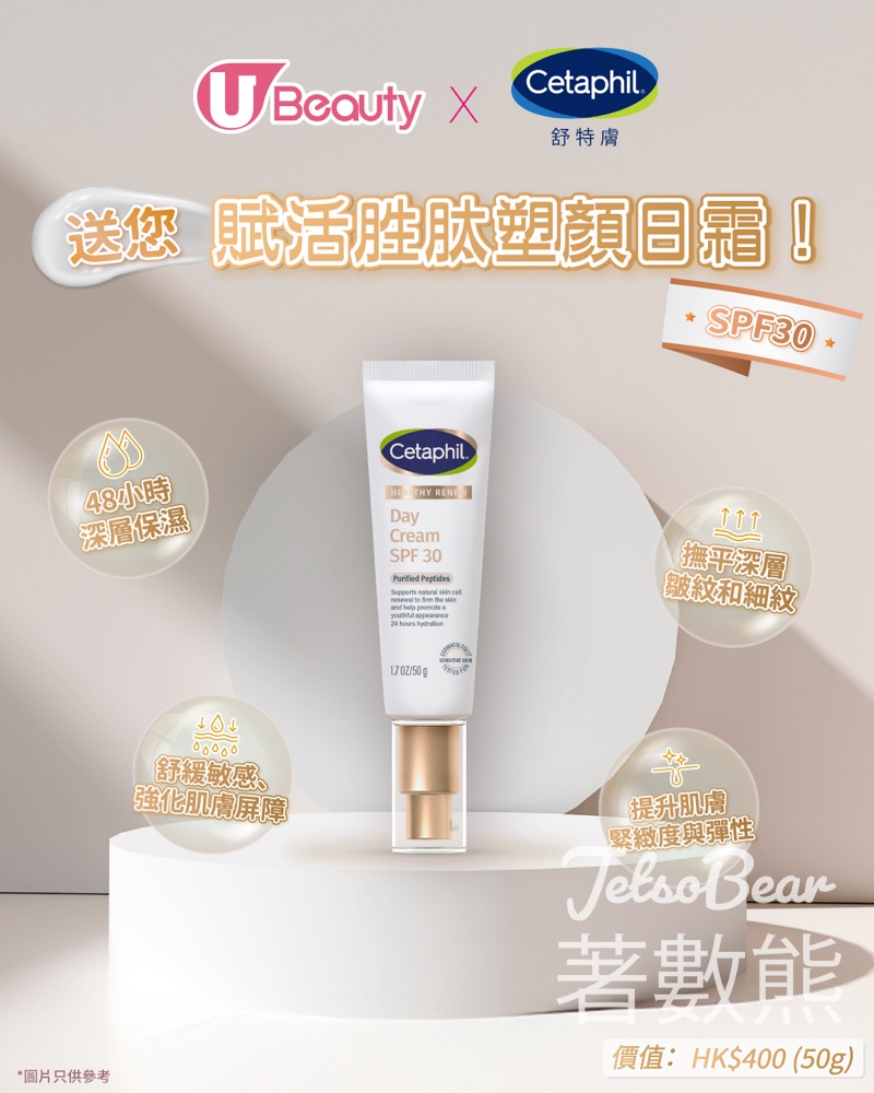 【5.13前登記免費試】Cetaphil抗老日霜送50g SPF30｜晒到皺？敏感肌專用‧名額35個 - Jetso Bear