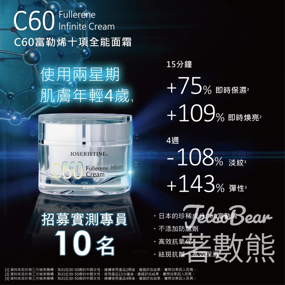 【免費護膚品】彩豐 C60 富勒烯十項全能面霜實測專員招募：免費試用逆齡修護面霜，最佳專員送現金禮券 - Jetso Bear