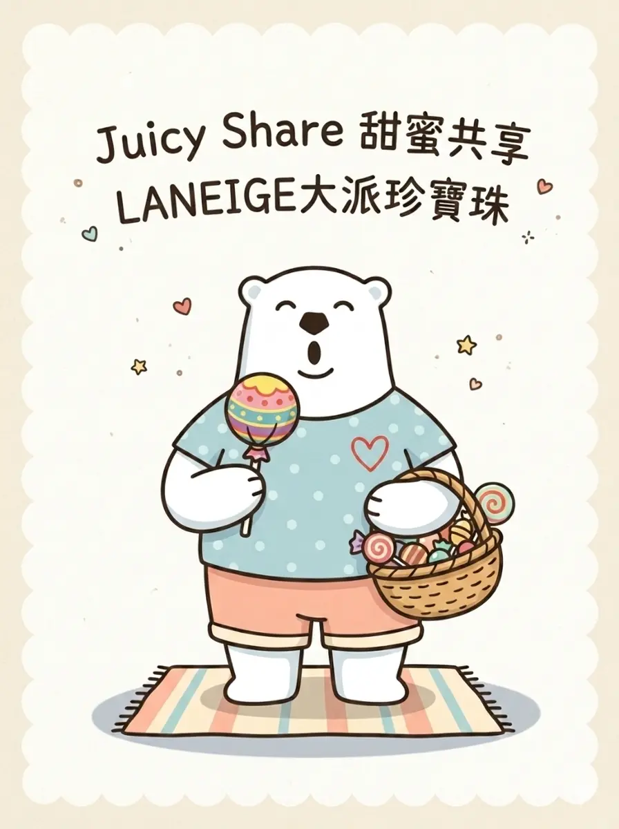 LANEIGE 520 限定門市活動海報，圖中是一隻可愛的Jetso Bear穿著心形波點 T 恤，拿著珍寶珠和裝滿糖果的藍子，上方有「Juicy Share 甜蜜共享」和「LANEIGE大派珍寶珠」字樣。