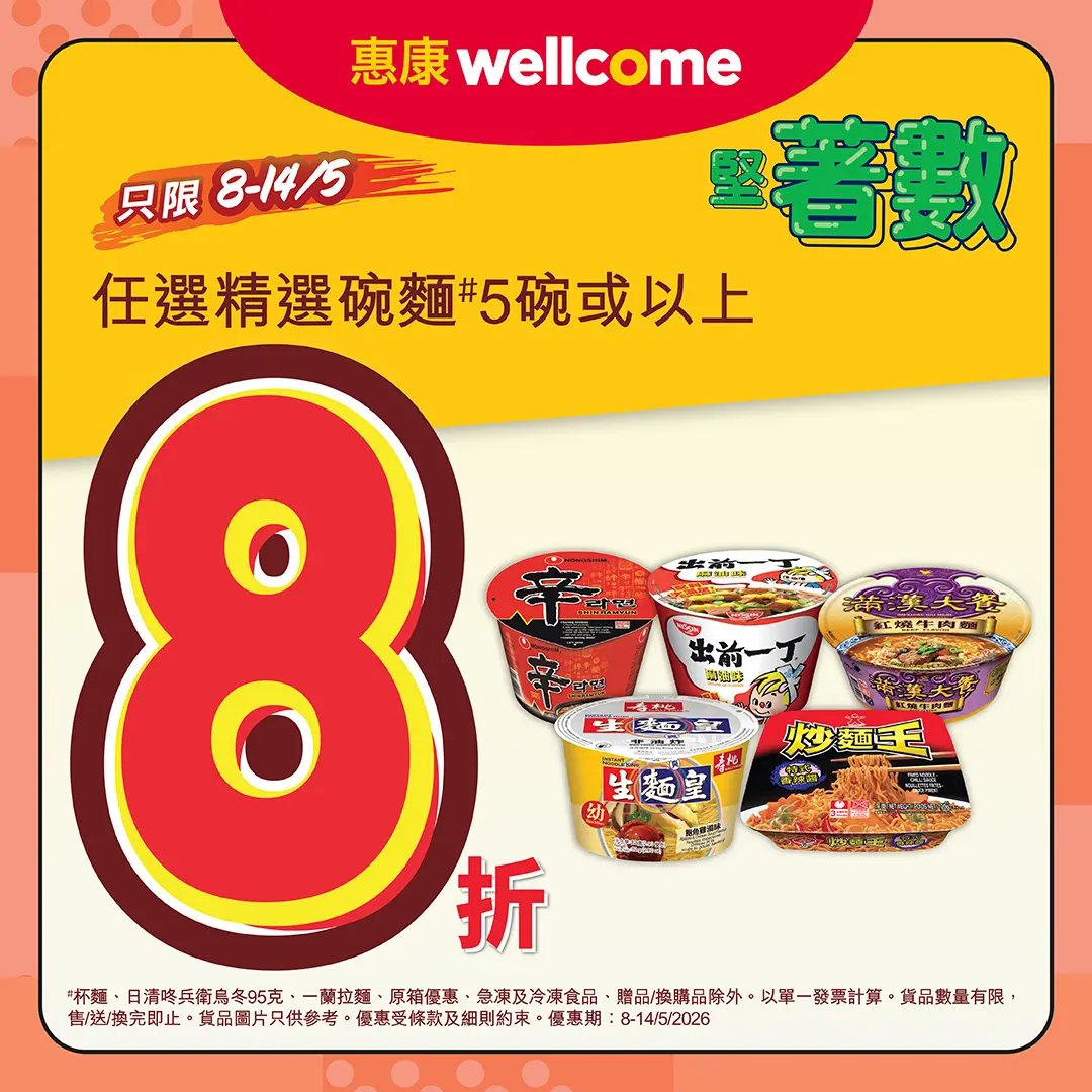 惠康碗麵5件8折優惠